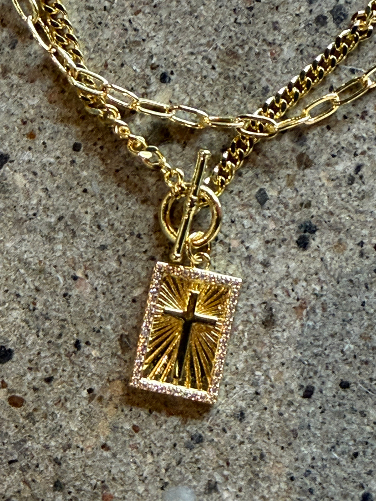 Saints & Sinners Cross toggle clasp gold necklace