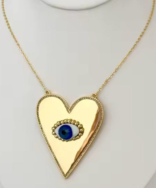 Blue Eye's Heart Evil Eye Necklace. Steel Chain 14K Gold