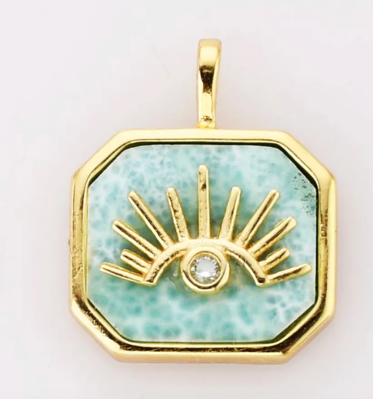 Evil Eye -Gemstone Bezel set Octagon Pendant Silver Necklace: Amazonite