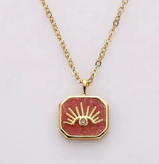 Evil Eye -Gemstone Bezel set Octagon Pendant Silver Necklace: Tourmaline