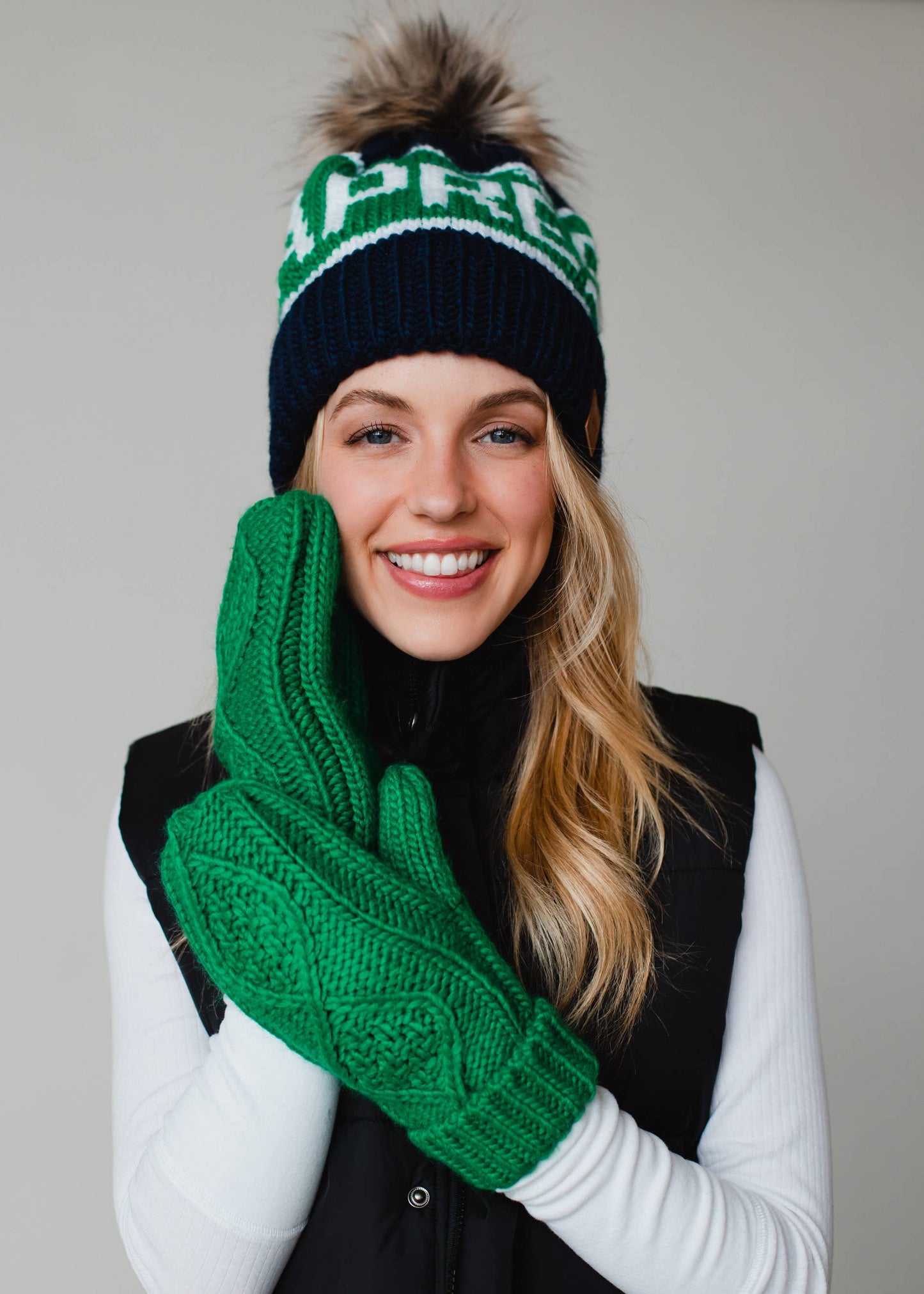 Navy, Green & White Apres Pom Hat