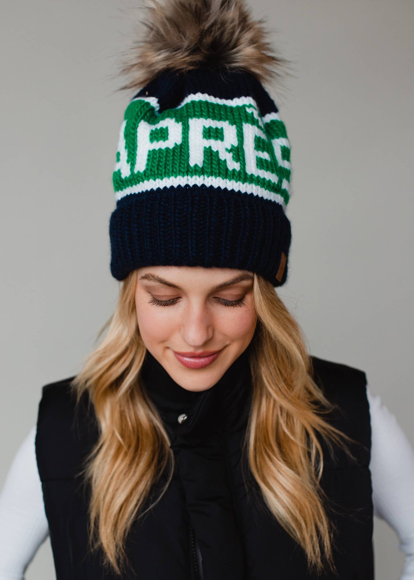 Navy, Green & White Apres Pom Hat