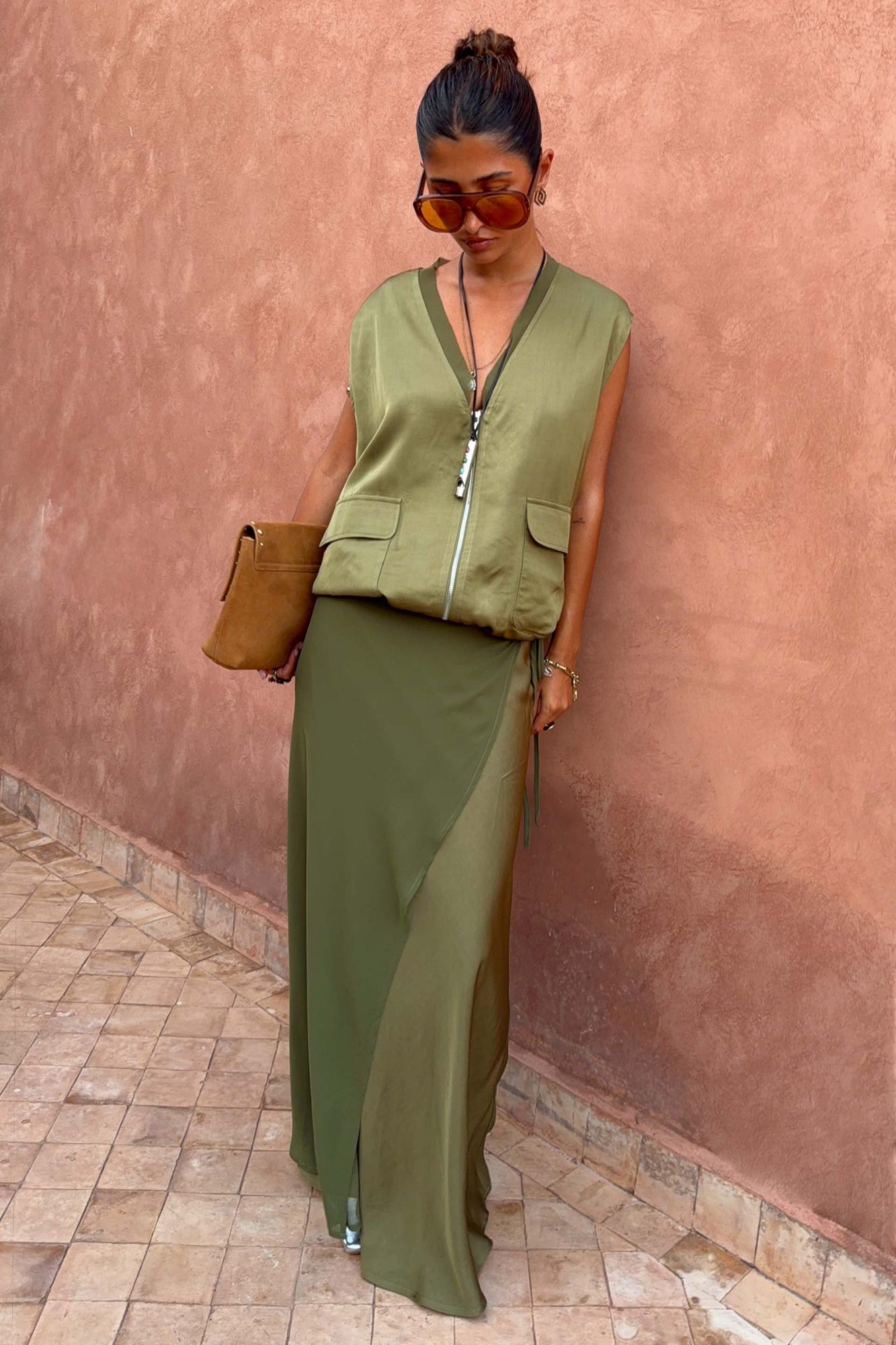 Olive bubble zip vest by NFD