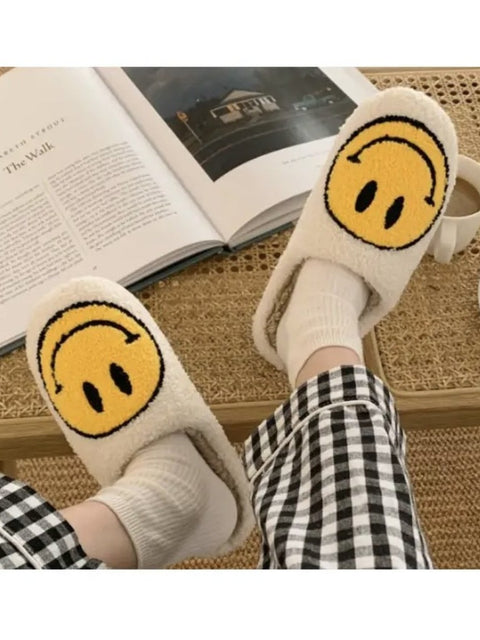 Retro plush happy face slippers
