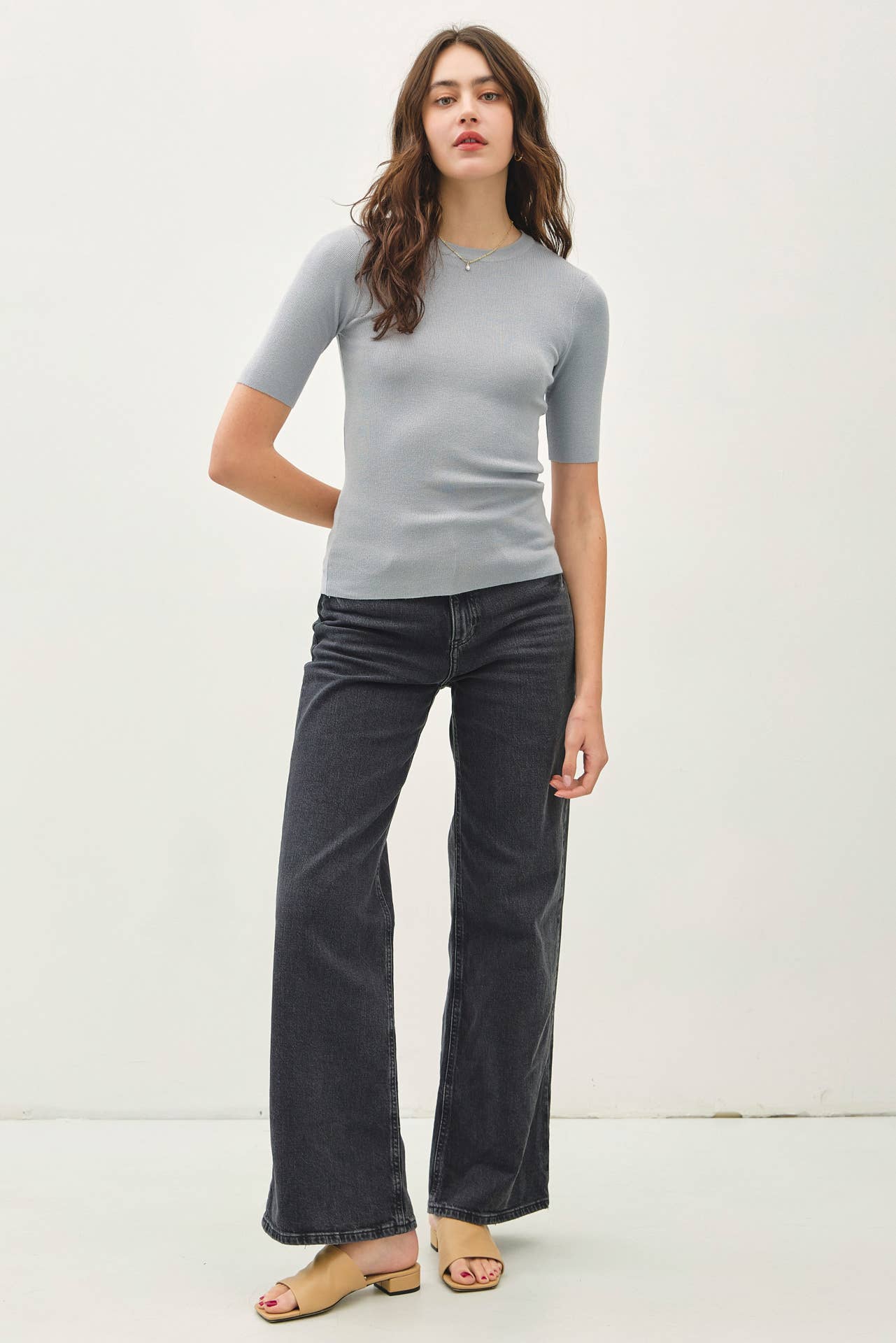 CLASSICS SOLID HALF SLEEVE RIB KNIT TOP