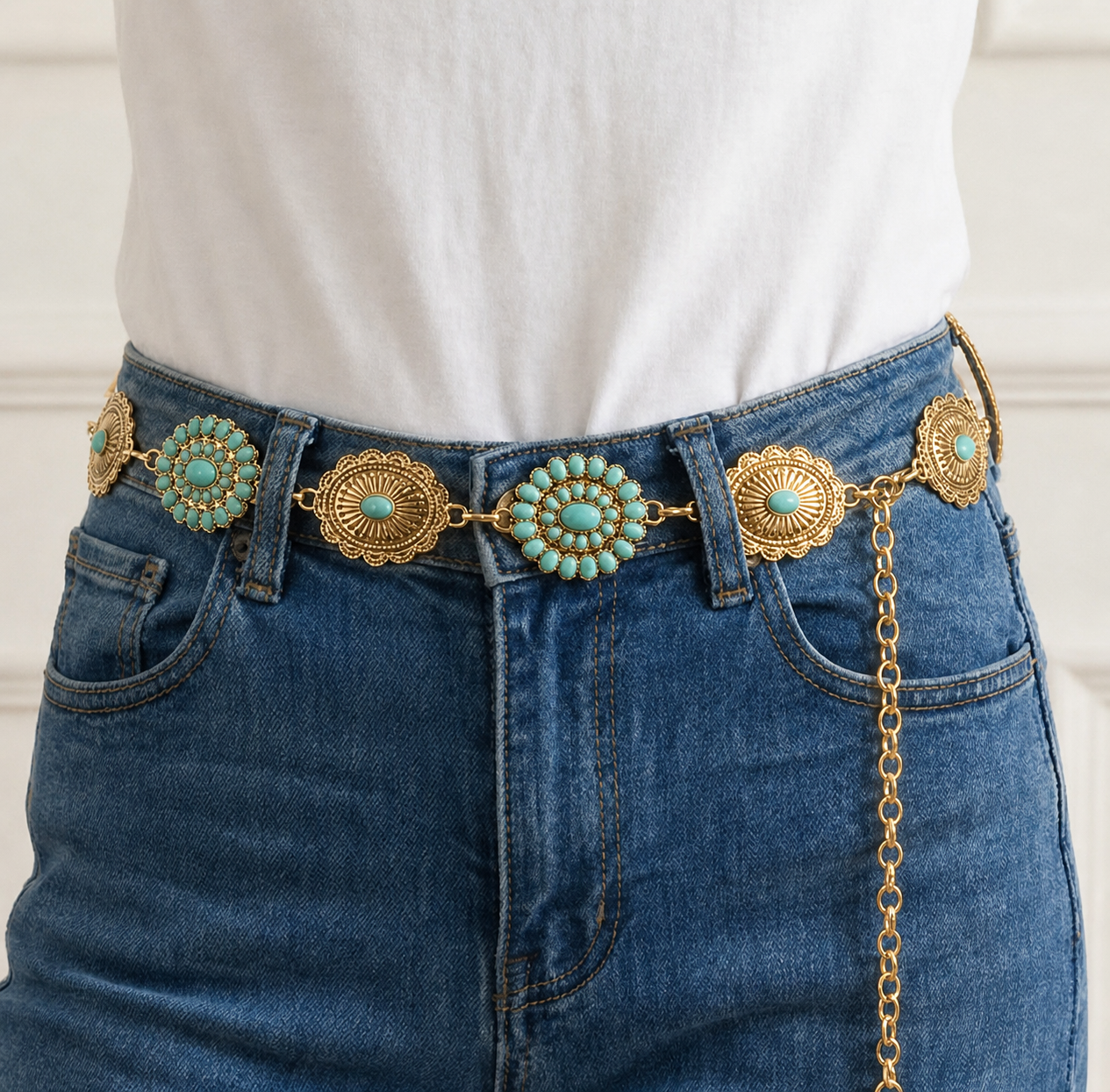 Abstract Oval Western Turquoise Concho Chain Belt