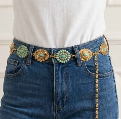 Abstract Oval Western Turquoise Concho Chain Belt