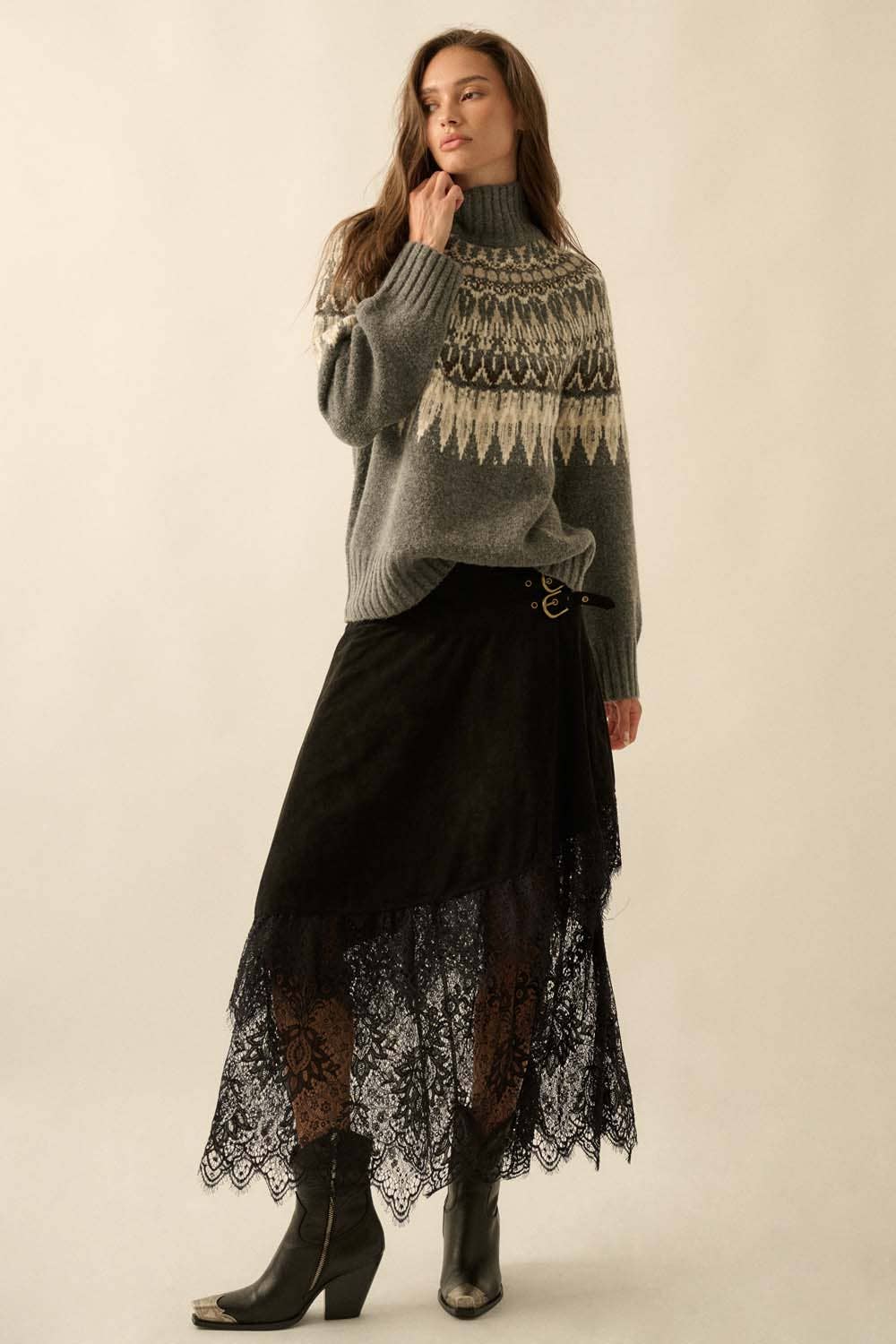 Fair Isle Knit Mock-Neck Sweater