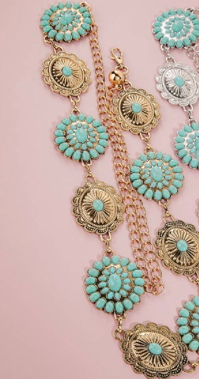 Abstract Oval Western Turquoise Concho Chain Belt