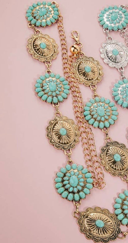 Abstract Oval Western Turquoise Concho Chain Belt