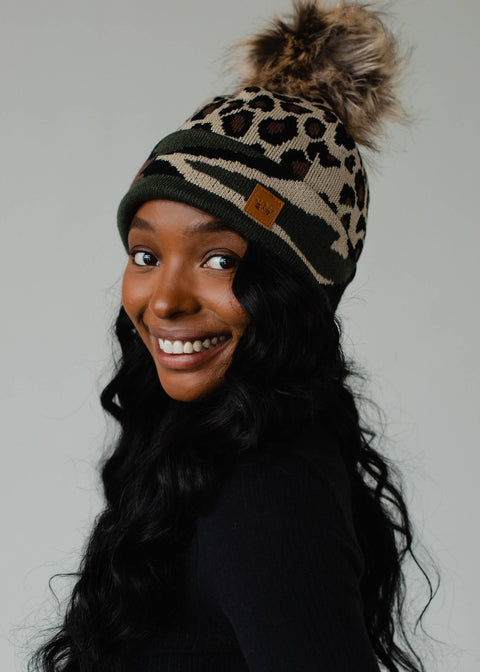 Leopard Pom Hat w/ Green Camo Trim