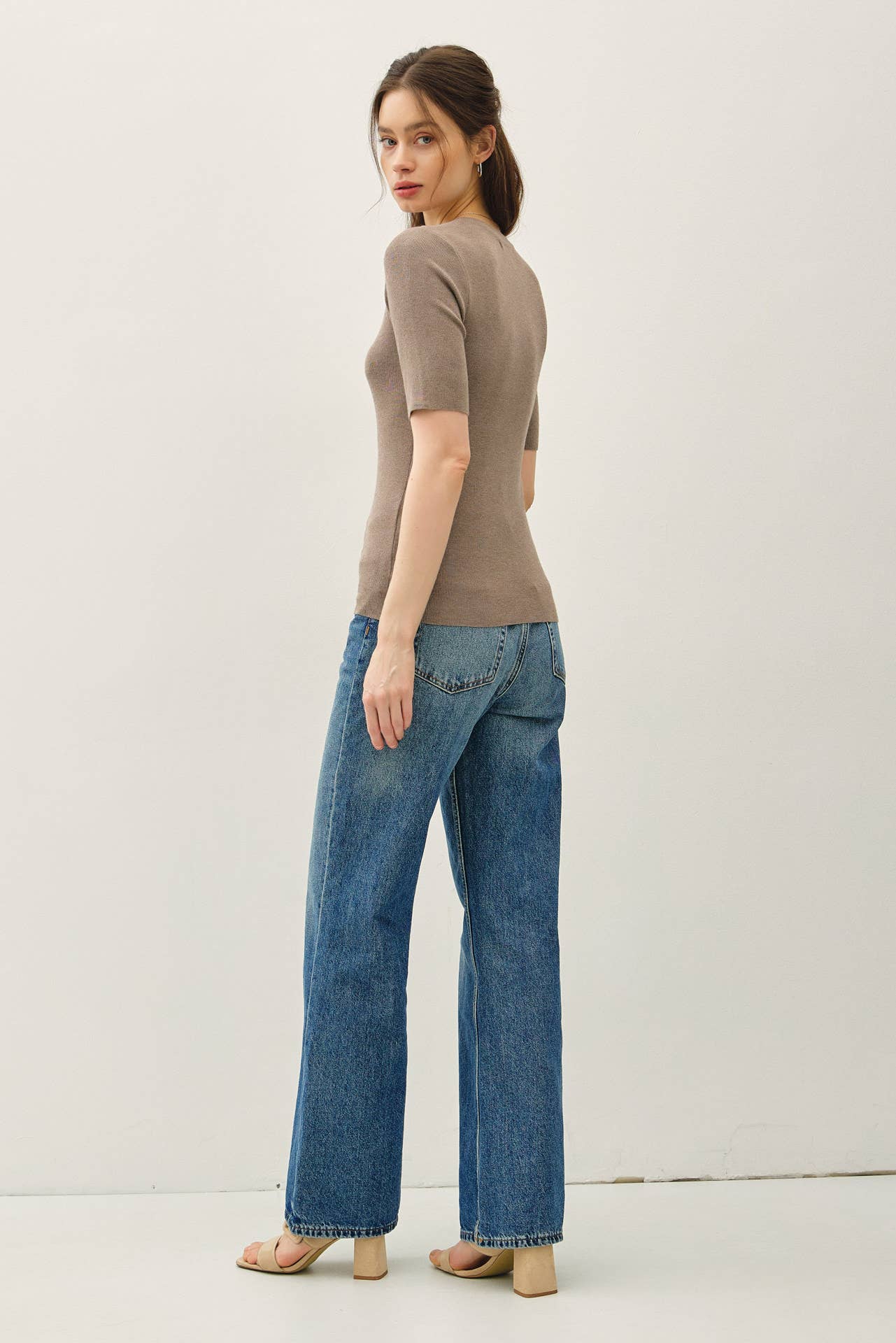 CLASSICS SOLID HALF SLEEVE RIB KNIT TOP