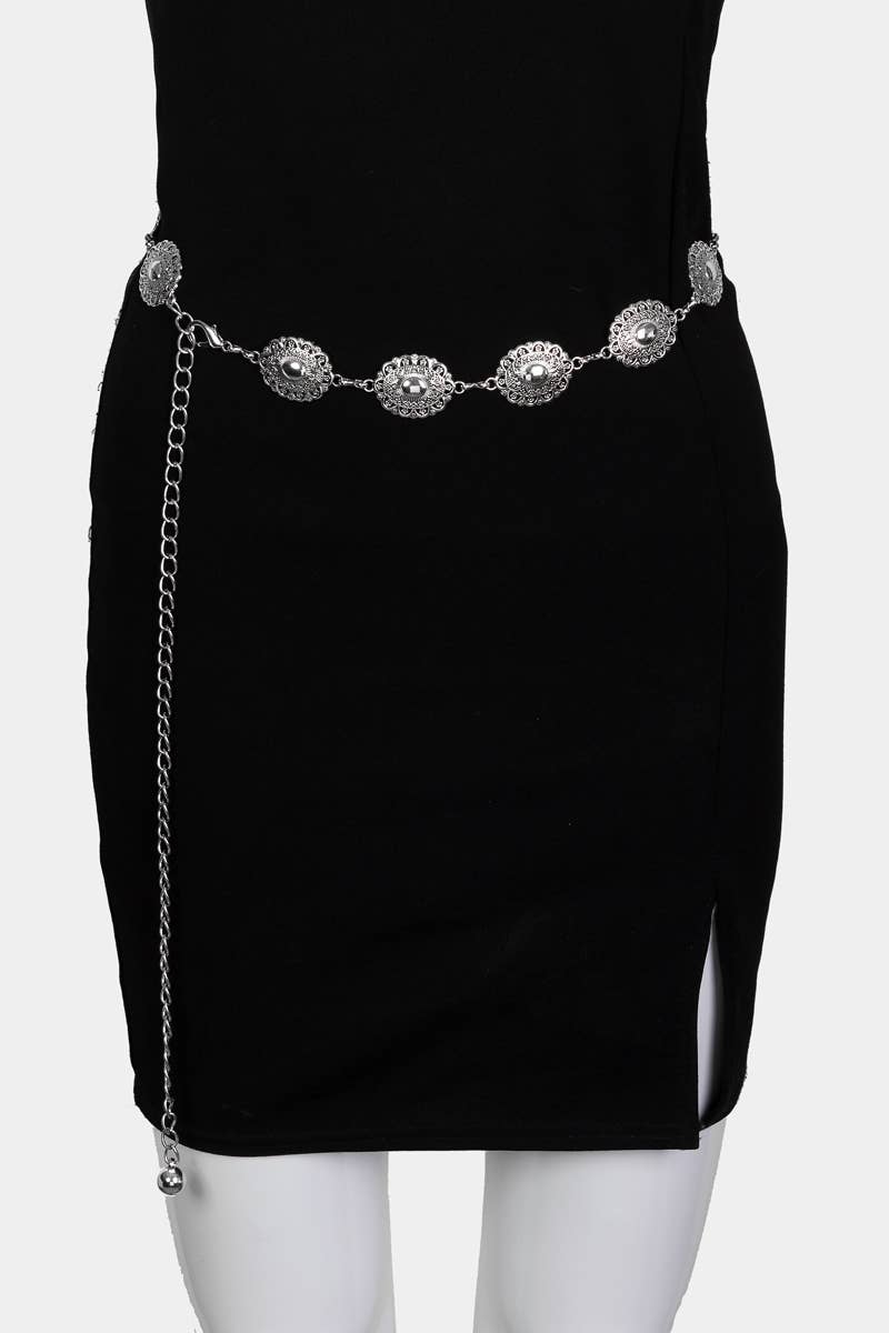 Ornate Oval Disc Chain Belt in silver