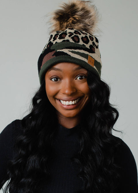 Leopard Pom Hat w/ Green Camo Trim