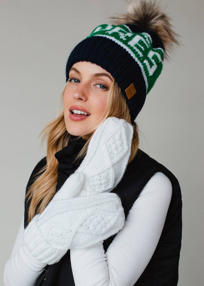 Navy, Green & White Apres Pom Hat