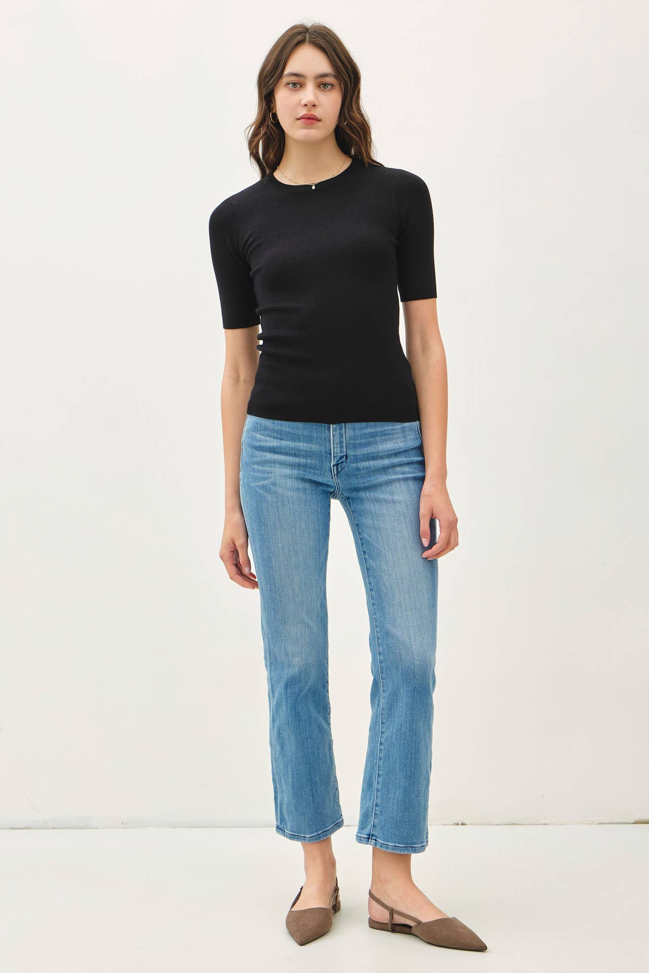 CLASSICS SOLID HALF SLEEVE RIB KNIT TOP