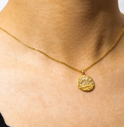  Mini Pendant- Talisman Protect 14K Gold Steel Necklace: Sun