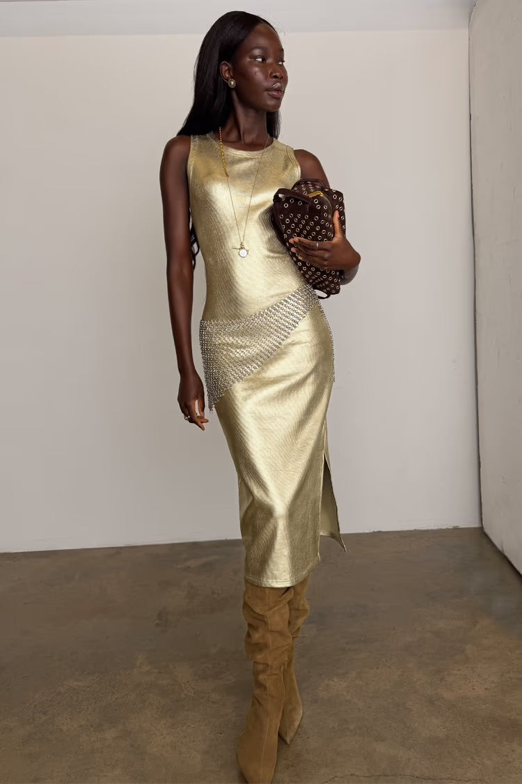 Gold metallic tank dress by NFD