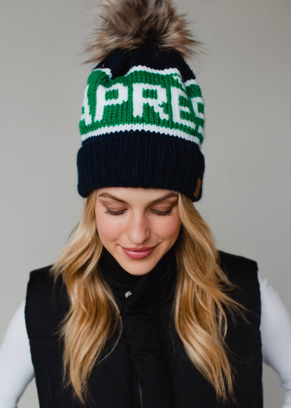 Navy, Green & White Apres Pom Hat