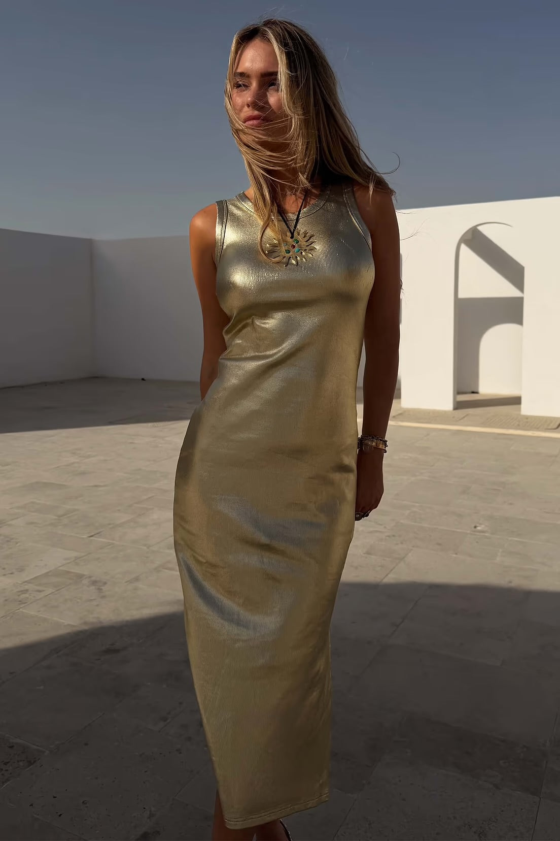 Gold metallic tank dress by NFD
