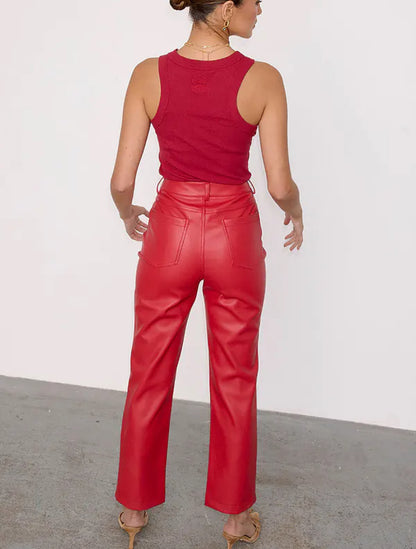Deep red vegan leather trousers by NFD -preorder