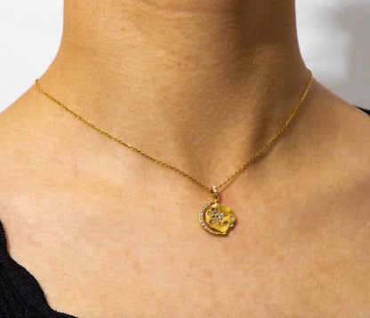  Mini Pendant- Talisman Protect 14K Gold Steel Necklace: Sun