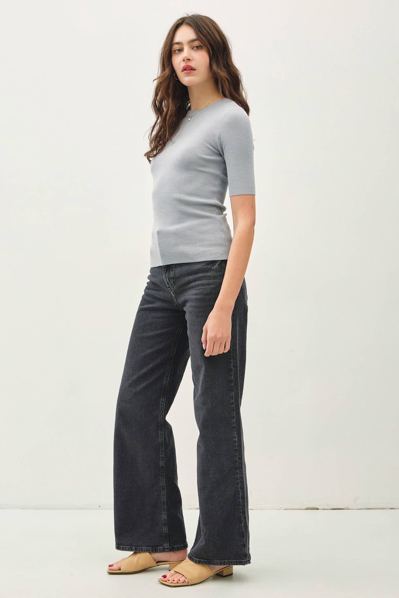 CLASSICS SOLID HALF SLEEVE RIB KNIT TOP