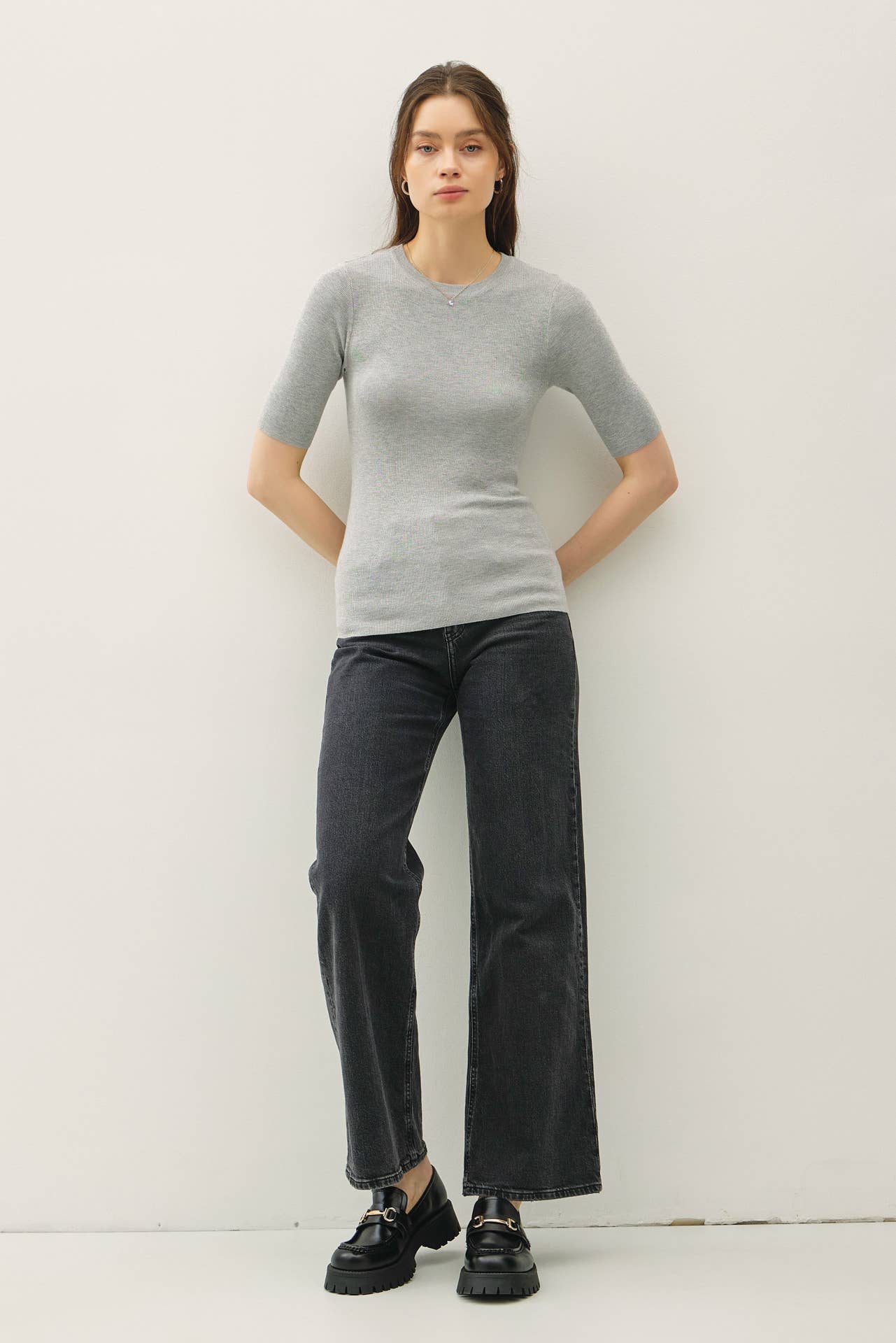 CLASSICS SOLID HALF SLEEVE RIB KNIT TOP