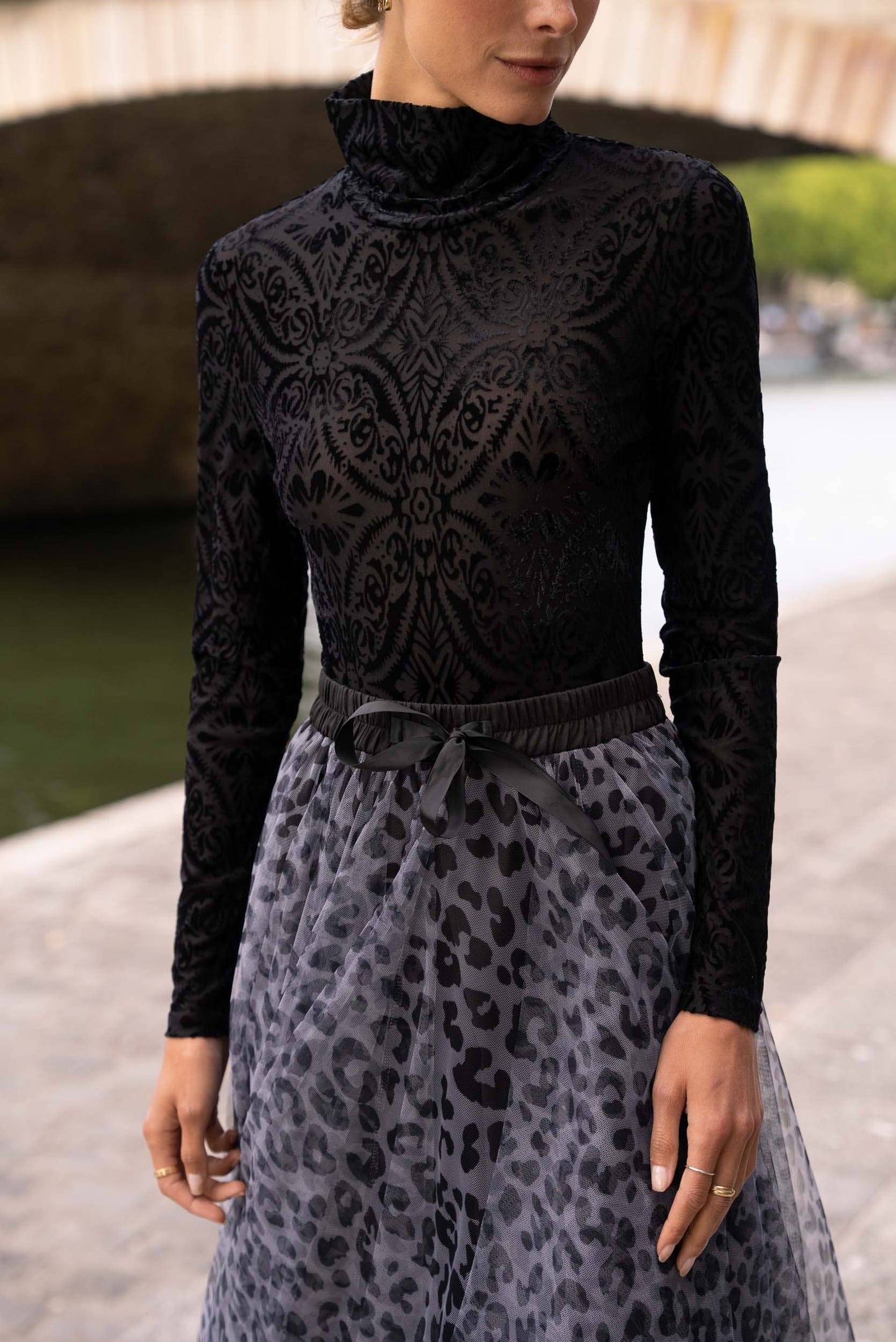 Velvet jacquard turtleneck bodysuit