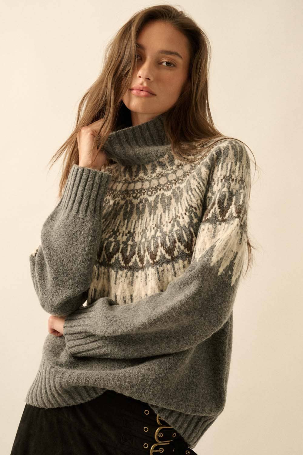 Fair Isle Knit Mock-Neck Sweater