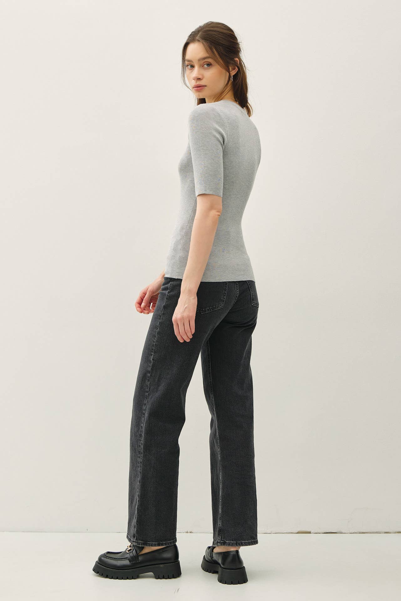 CLASSICS SOLID HALF SLEEVE RIB KNIT TOP