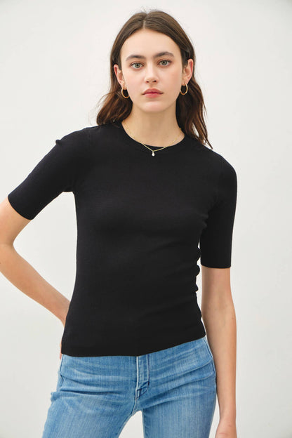 CLASSICS SOLID HALF SLEEVE RIB KNIT TOP