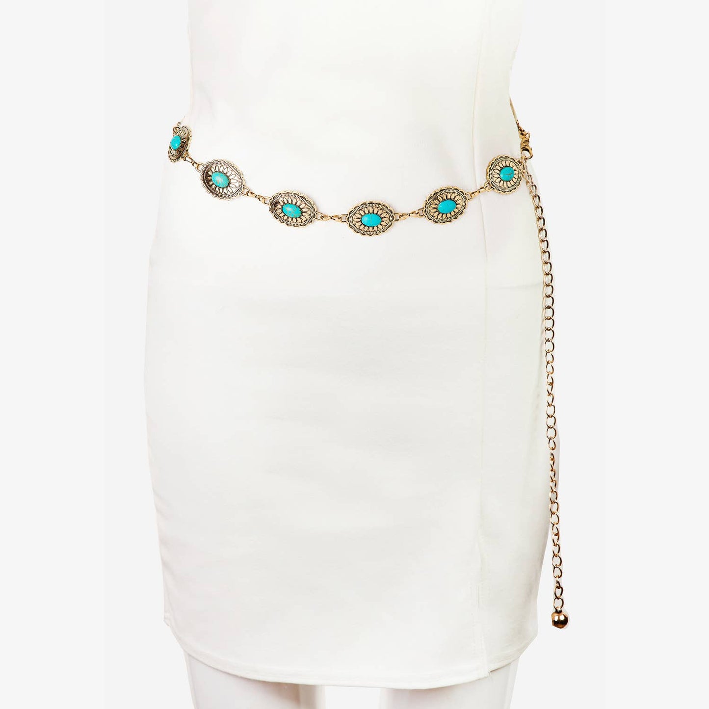 Floral Turquoise Concho Disc Chain Belt: