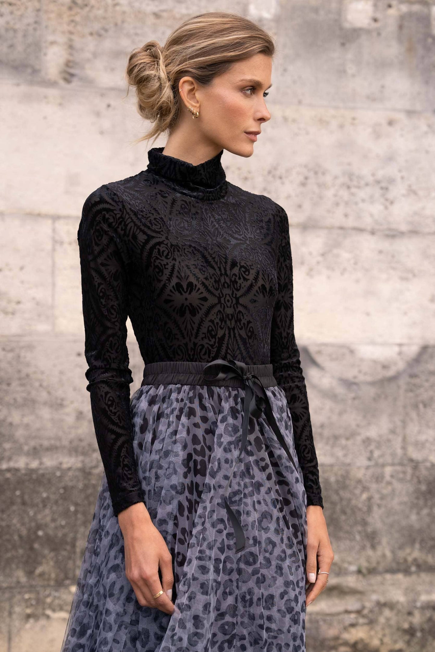 Velvet jacquard turtleneck bodysuit