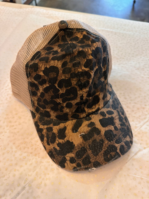 Distressed leopard trucker hat
